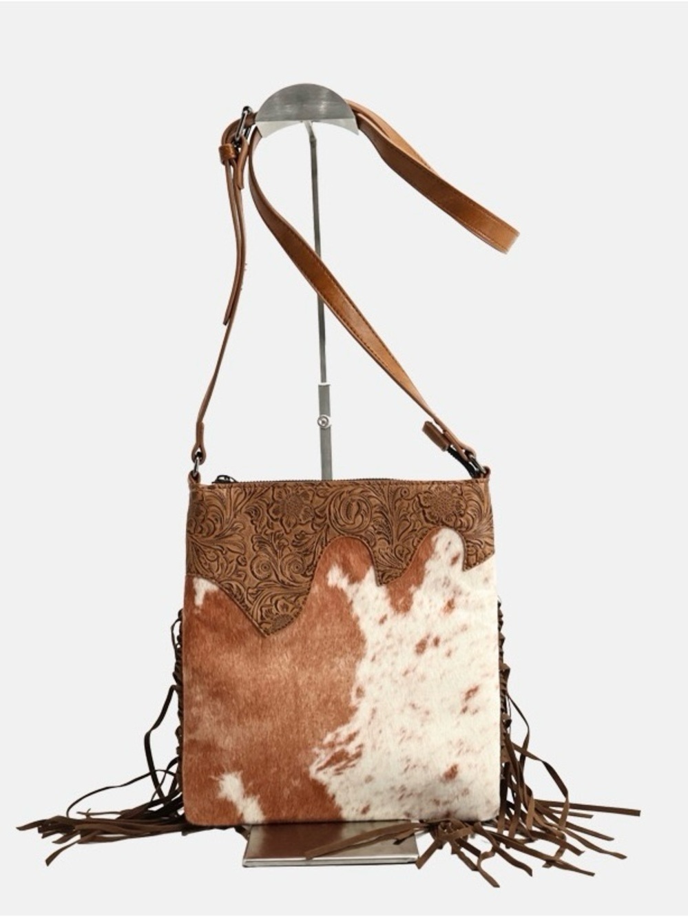 Brown & White Cowhide Crossbody Bag with Tooled Leather Accent